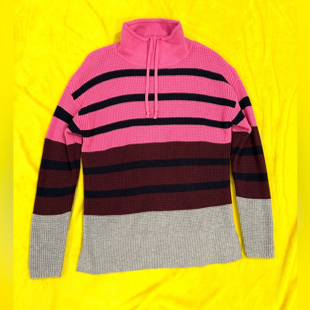 LOFT Multi Color Striped Sweater with Cowl Neck | Pink, Red, Gray